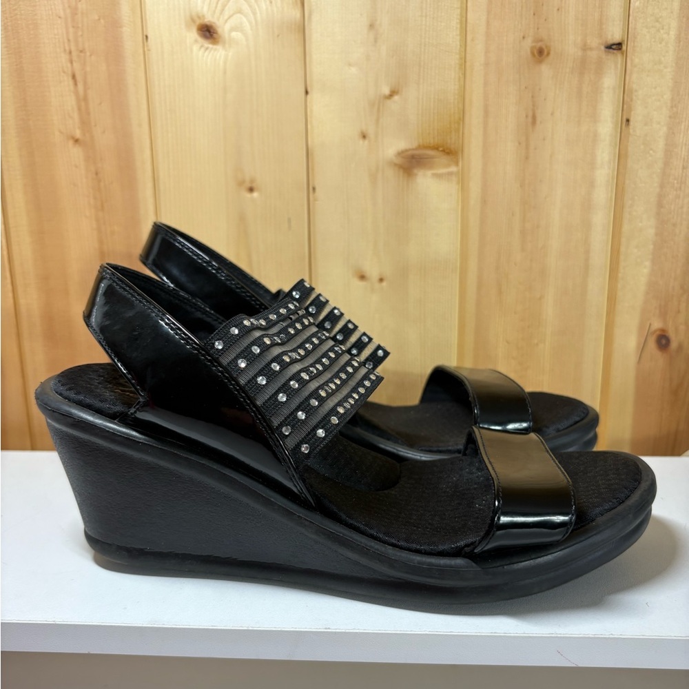 Skechers Womens Black Rumblers Sci-Fi Wedge Sandal Size 7 Rhinestones Slingback